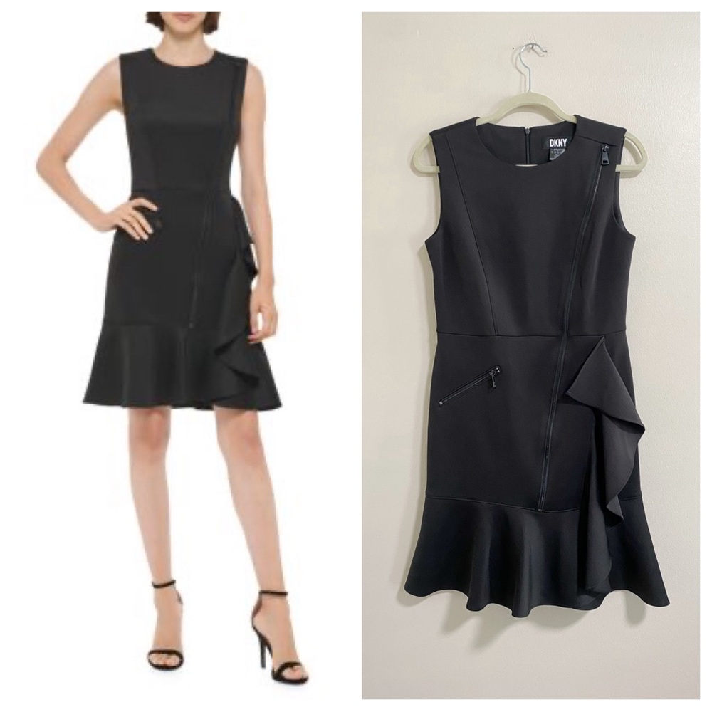 DKNY Black Fit & Flare Ruffle Zipper Dress Size 8